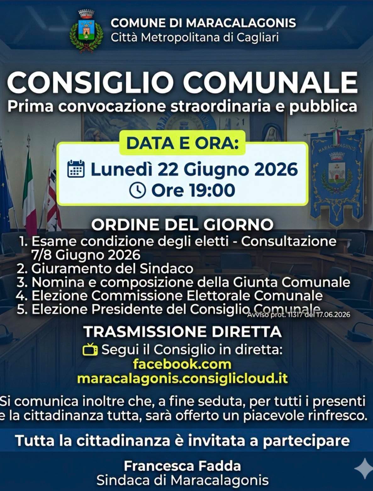 CONSIGLIO COMUNALE - Prima Convocazione - Lunedi 22 giugno 2026
