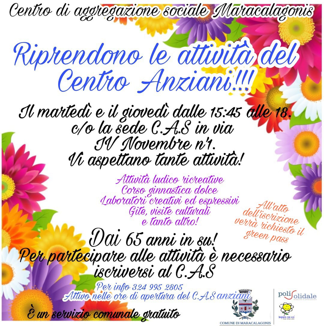 CENTRO DI AGGREGAZIONE SOCIALE: RIPRENDONO LE ATTIVITA' GRATUITE PER GLI OVER 65