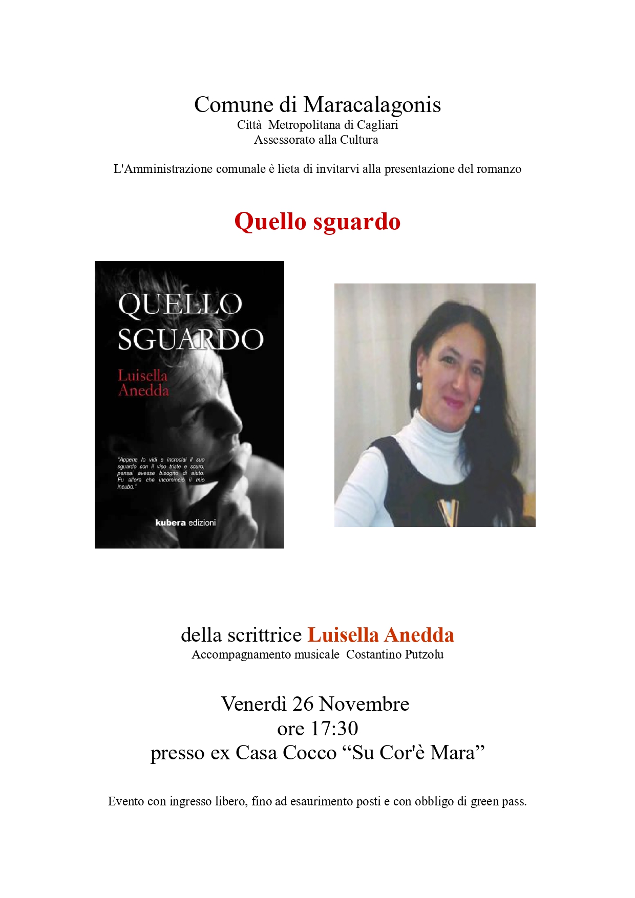 PRESENTAZIONE ROMANZO 'QUELLO SGUARDO' DELLA SCRITTRICE LUISELLA ANEDDA - VENERDI' 26.11.2021 h17:30