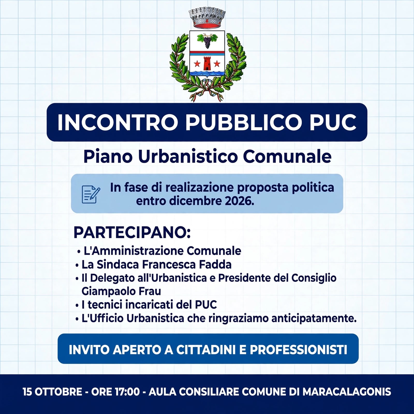 INC0NTRO PUBBLICO PUC - 15 OTTOBRE 2026 ORE 17:00- AULA CONSILIARE